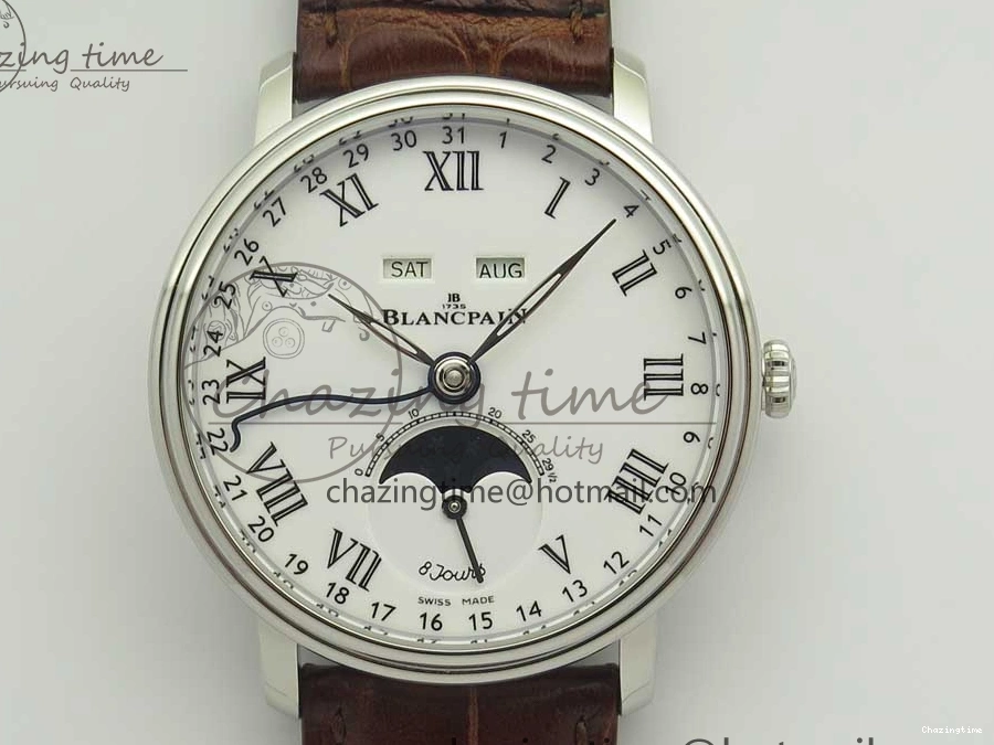0712 Upgraded Villeret Quantième Complet 8 Jours SS Complicated Function OMF 1:1 Best Edition White Dial on Brown Leather Strap A 7983
